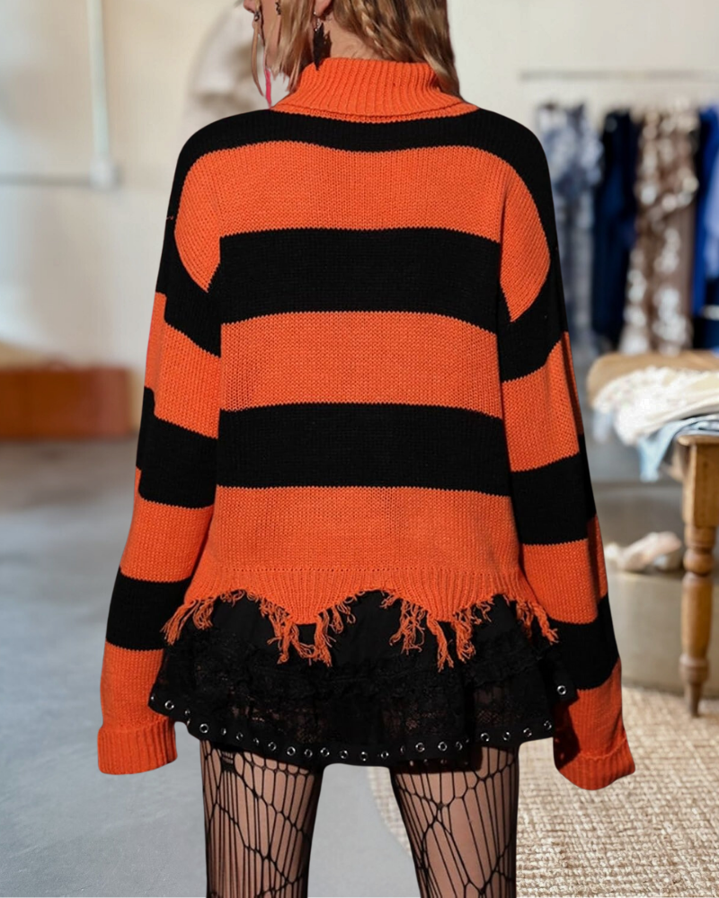 Halloween Bat Stripe Raw Hem Contrast Sweater