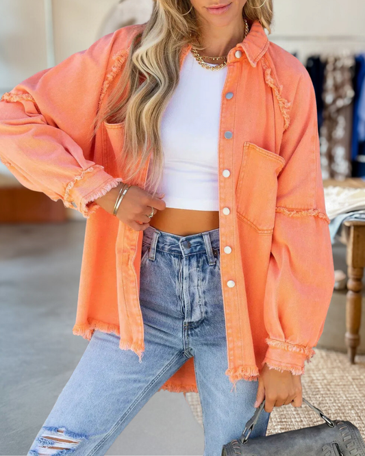 Distressed Stretchy Button Denim Jacket