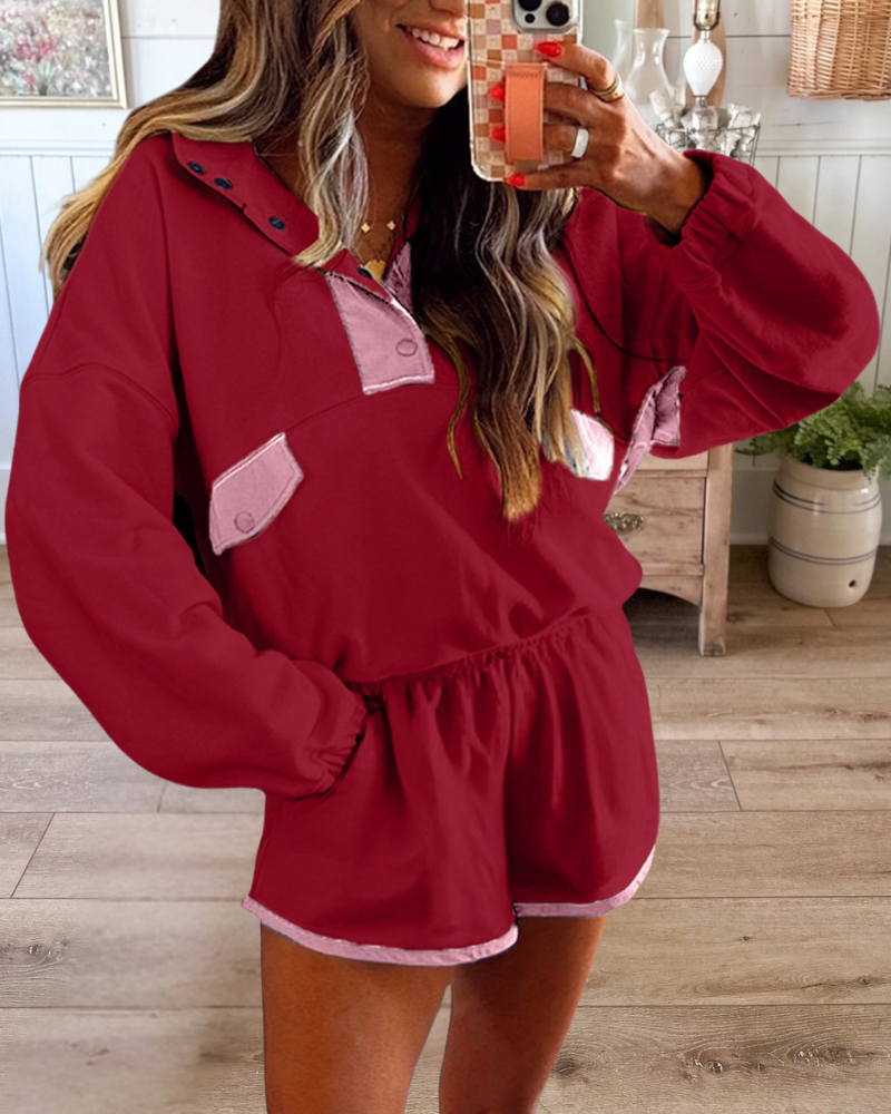 Contrast Color Stitching Long Sleeve Top Shorts Set