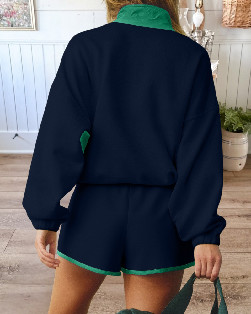 Contrast Color Stitching Long Sleeve Top Shorts Set