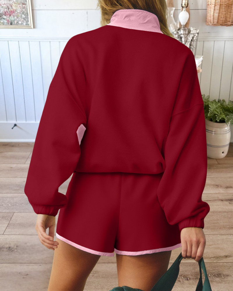 Contrast Color Stitching Long Sleeve Top Shorts Set