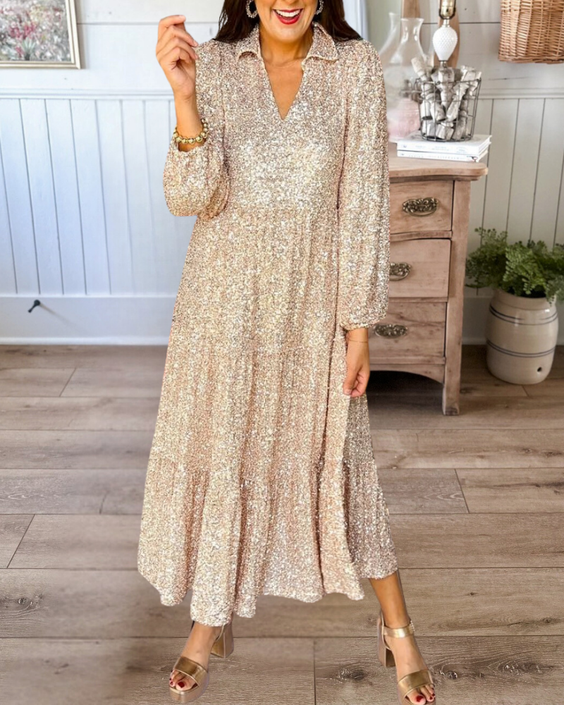 Sequined Long Sleeve Midi Dress