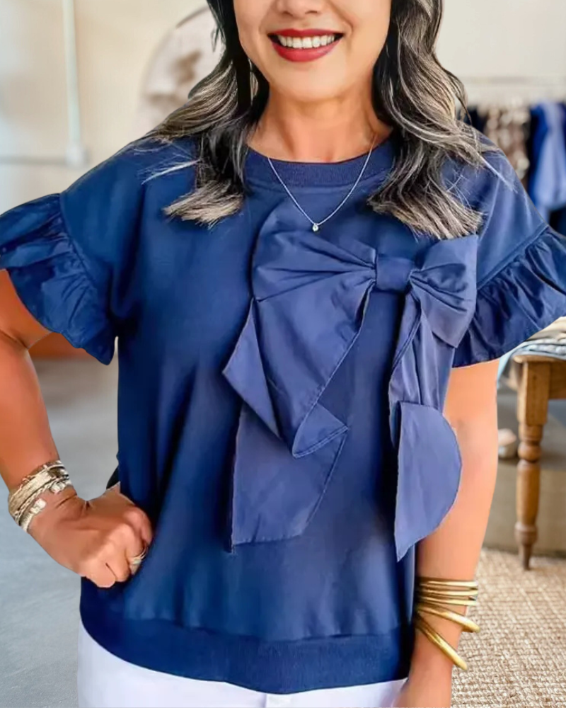 Solid Color Bow Decor Playful Ruffle Sleeve T-Shirt