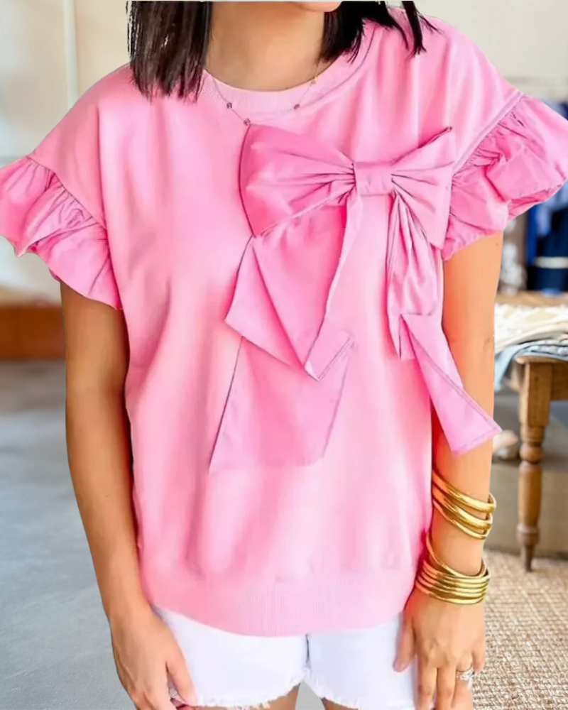 Solid Color Bow Decor Playful Ruffle Sleeve T-Shirt
