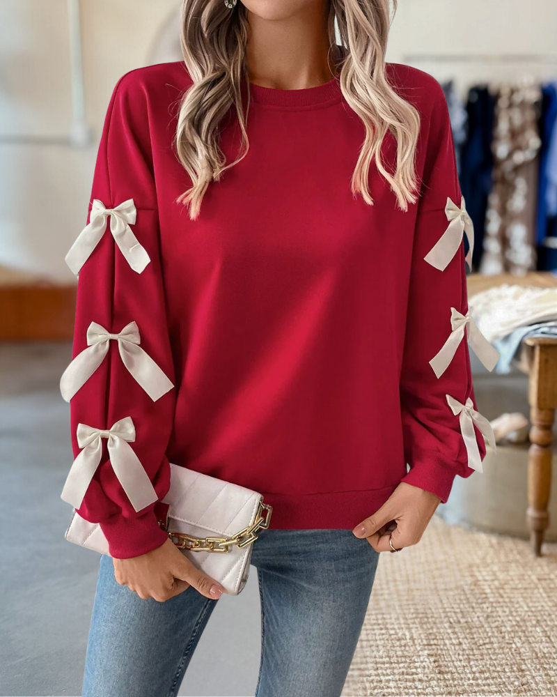 Hit Color Bow Decor Rocking Sweatshirt