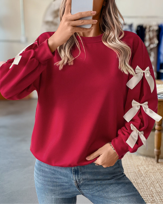 Hit Color Bow Decor Rocking Sweatshirt