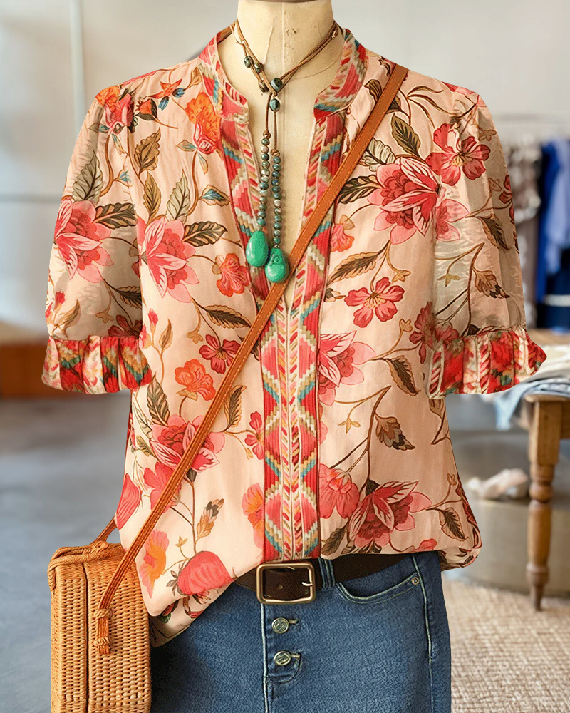 Floral Print V Neck Patchwork Laid Back T-Shirt