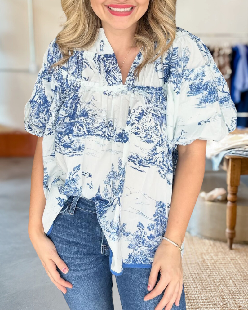 Ink Landscape Print Unique Ruffles Patchwork Puff Sleeve T-Shirt