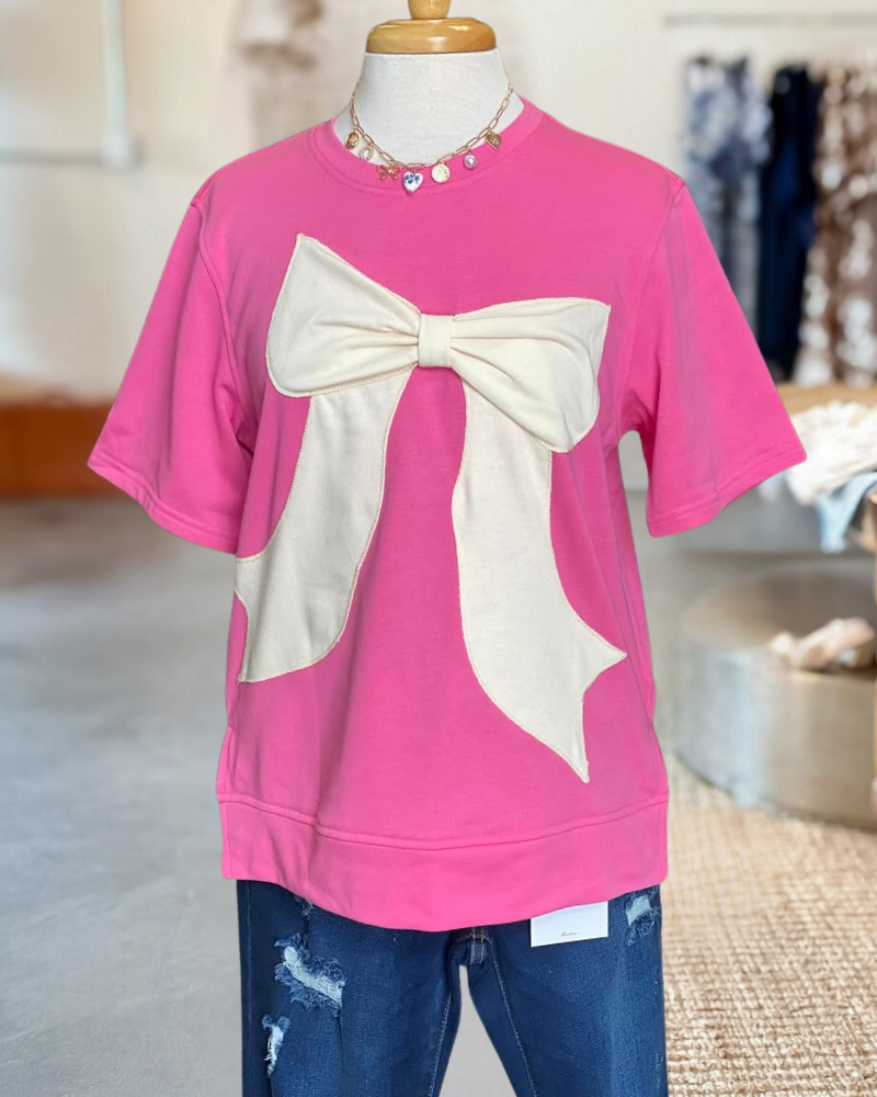 Hit Color Bow Applique Girly Round Neck T-Shirt