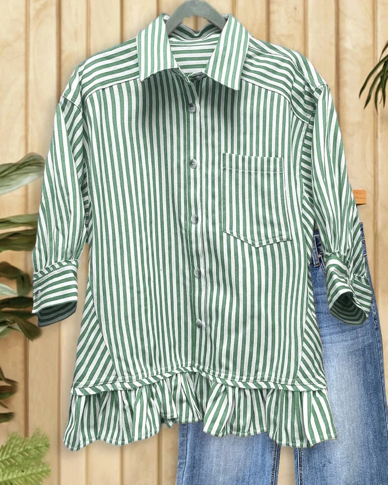 Striped Smart Button Down Ruffled Blouse
