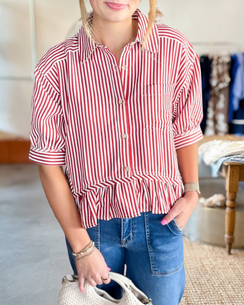 Striped Smart Button Down Ruffled Blouse