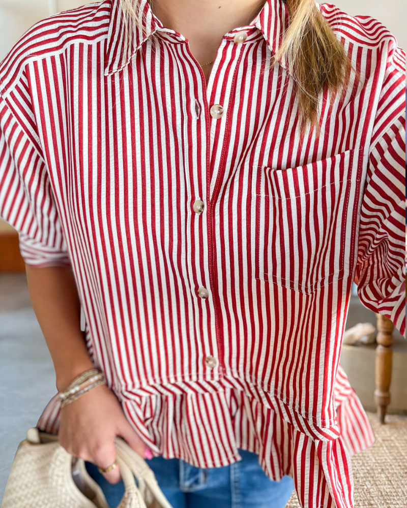 Striped Smart Button Down Ruffled Blouse