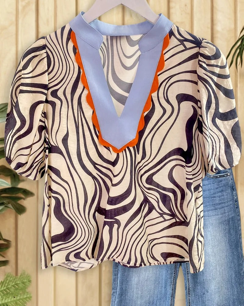 Patchwork V Neck Scalloped Wild Zebra Print Blouse