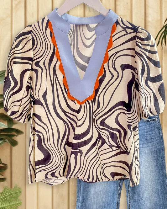 Patchwork V Neck Scalloped Wild Zebra Print Blouse