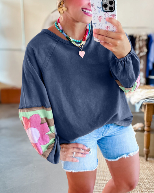 Flower Applique Unique Patchwork Sweatshirt