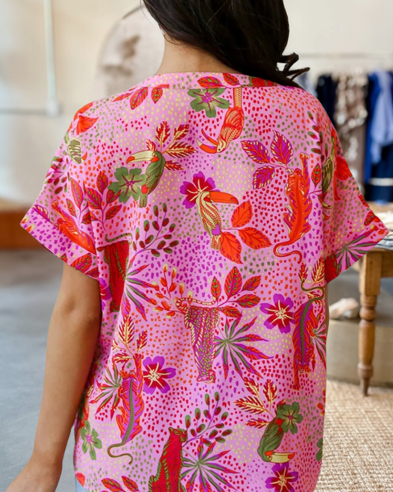 Floral Mixed Print Pastoral V Neck T-Shirt