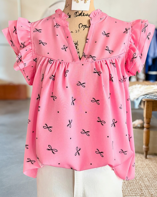 Bowknot Print V Neck Sweet Tiered Sleeve T-Shirt