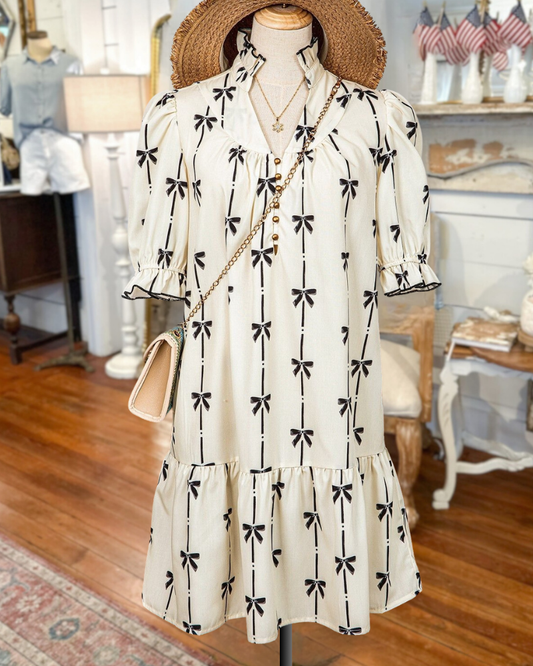 Bowknot Print V Neck Girly Ruffled Mini Dress