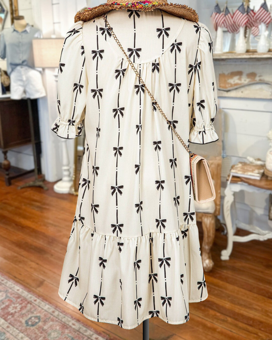 Bowknot Print V Neck Girly Ruffled Mini Dress