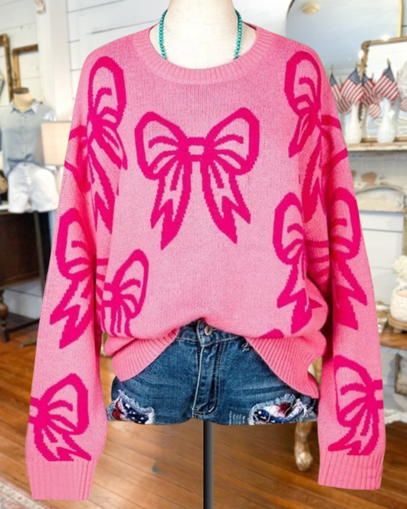 Color Block Bow Print Playful Round Neck Sweater