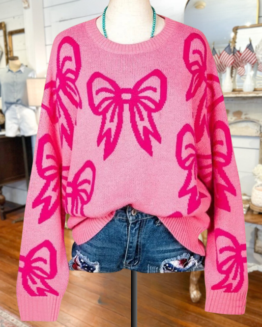 Color Block Bow Print Playful Round Neck Sweater