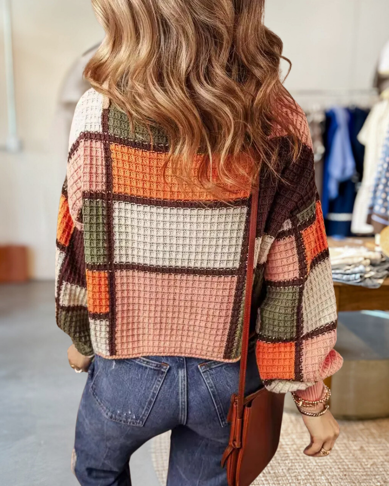 Color Block Waffle Feminine Sweater