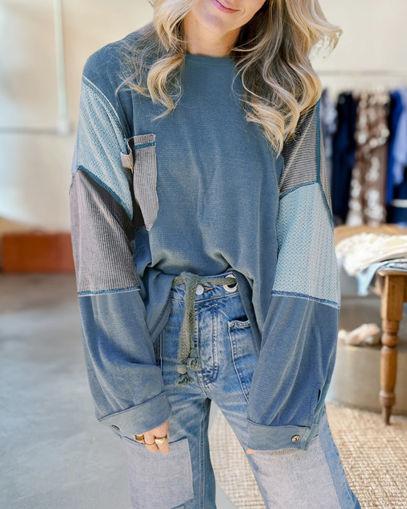 Mixed Patchwork Color Block Casual Round Neck Blouse