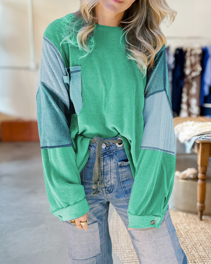 Mixed Patchwork Color Block Casual Round Neck Blouse