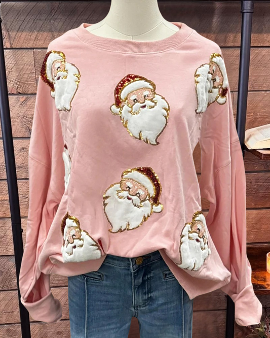 Sequined Santa Claus Cute Drop-Shoulder Sweatshirt