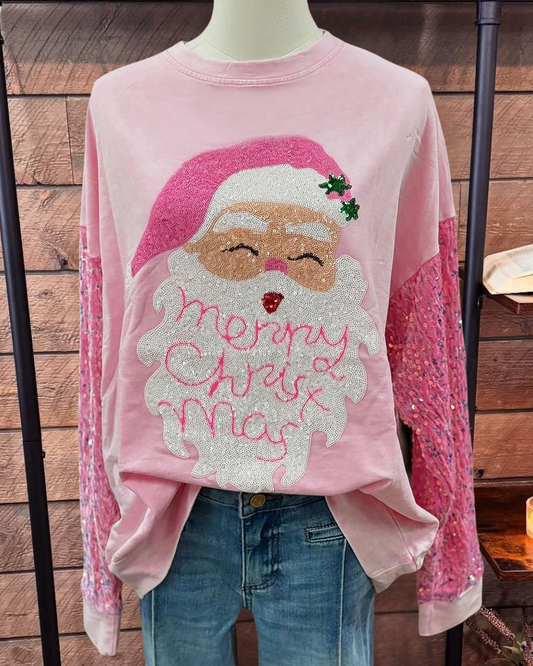 Patchwork Sequined Santa Claus Playful Drop-Shoulder Sweatshirt