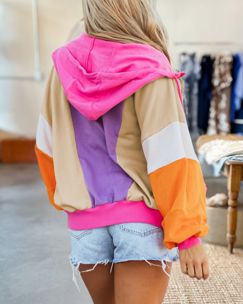 Color Block Patchwork Casual Zipper Hooded Top