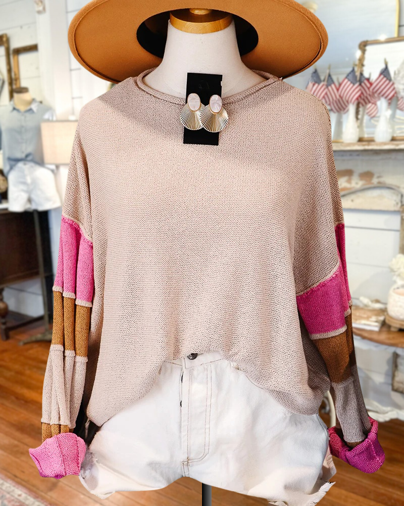 Color Block Seamed Detail Versatile Round Neck Sweater