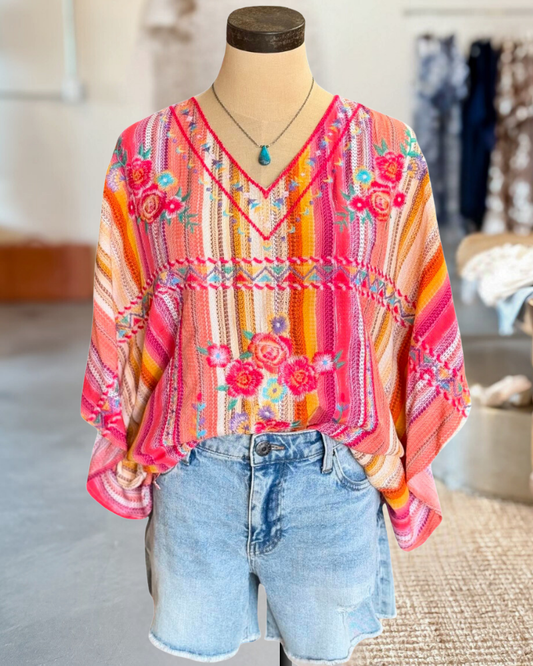 Colorful Striped & Floral Mixed Print Pastoral V Neck T-Shirt