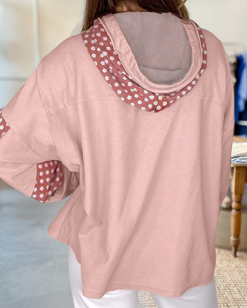 Floral Print Patchwork Star Applique Urban Hooded Top