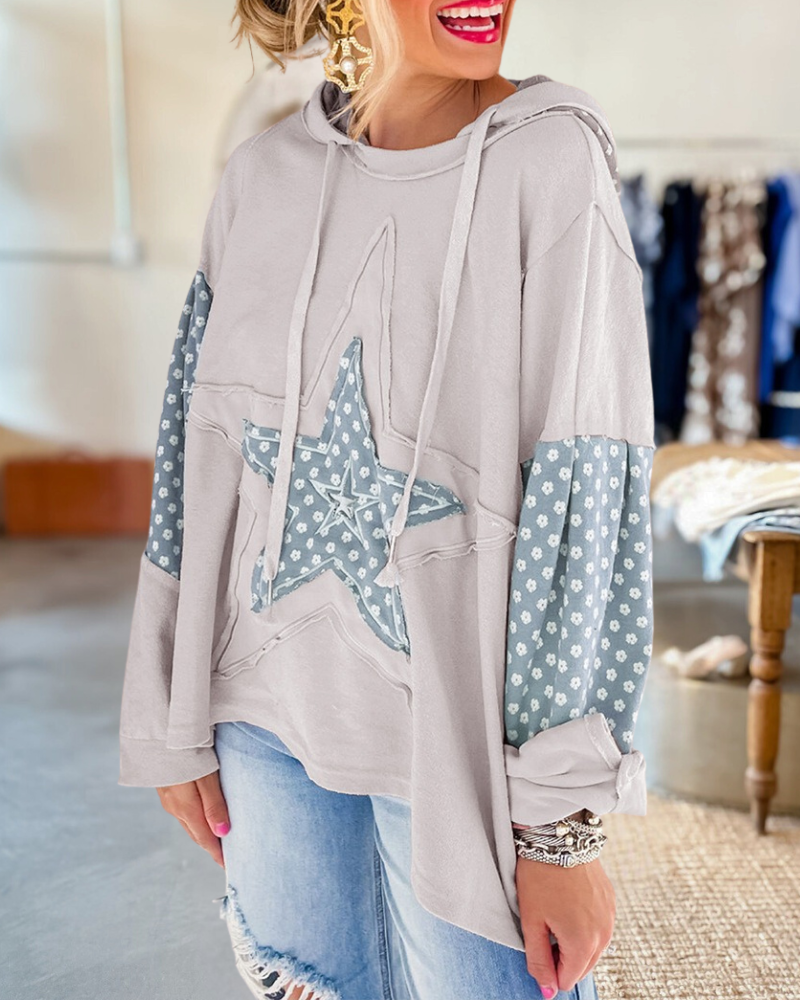 Floral Print Patchwork Star Applique Urban Hooded Top