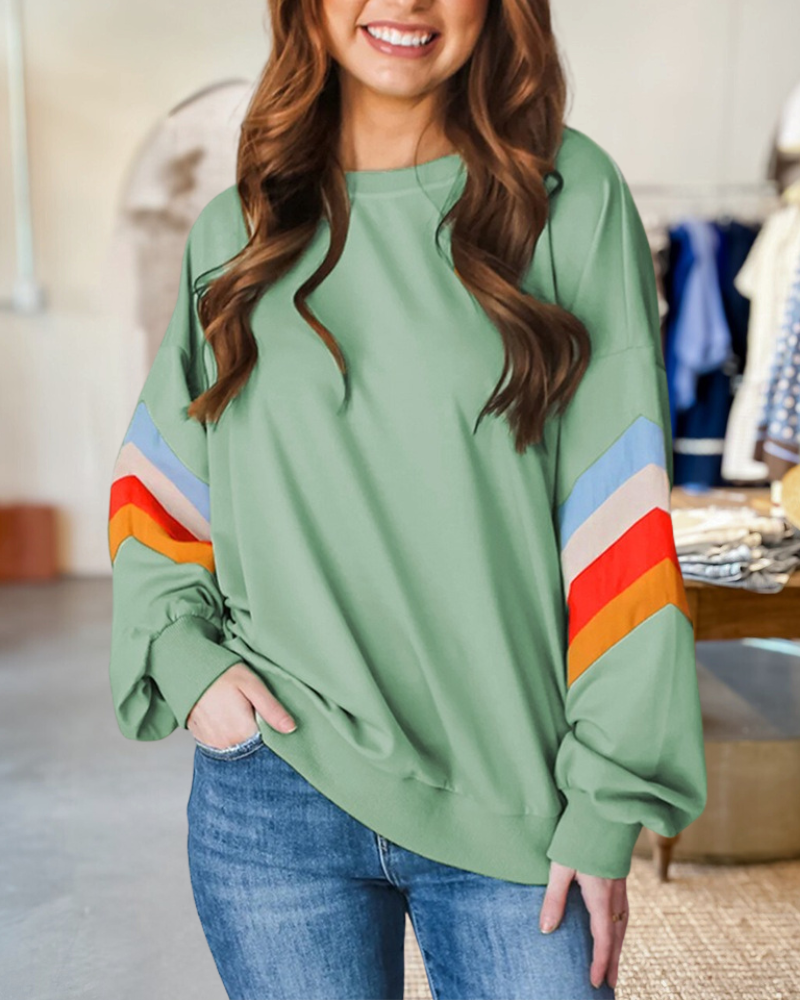 Color Block Striped Patchwork Relaxed Round Neck Sweatshirt