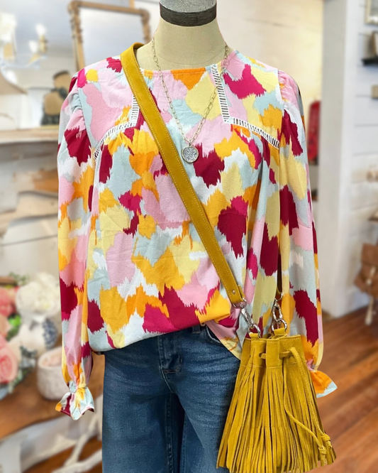 Color Block Cutout Detail Classic Puff Sleeve Blouse