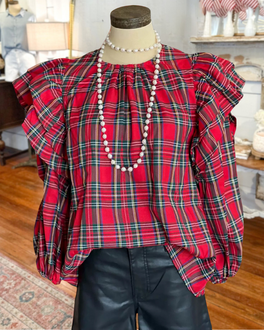 Plaid Pretty Ruffle Shoulder Lantern Sleeve Blouse