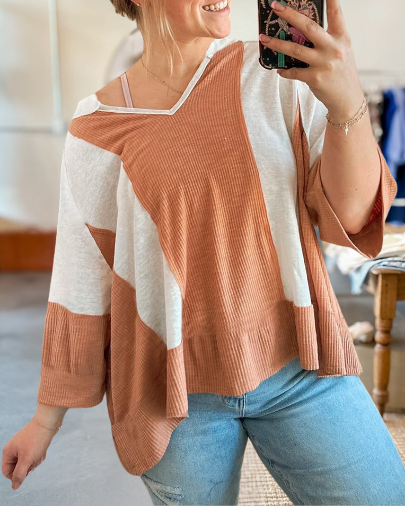Color Block Patchwork Oversized V Neck Blouse