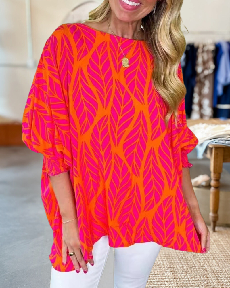 Leaf Print Relaxed Puff Sleeve Blouse