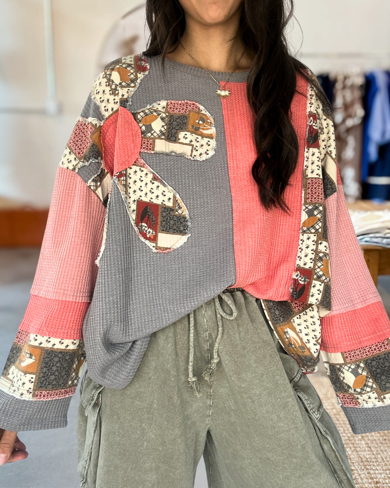 Flower Applique Urban Patchwork Color Block Waffle Blouse