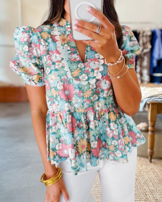 Floral Print Scalloped Patchwork Cute Peplum T-Shirt