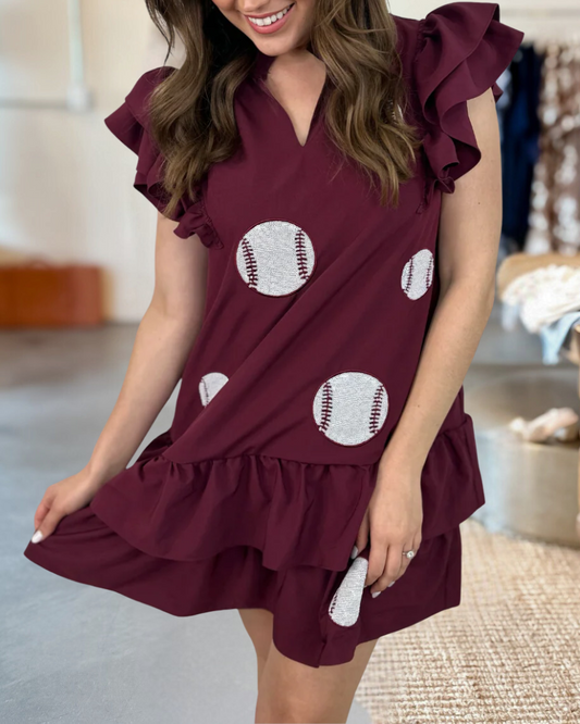 Sequined Baseball Playful Tiered Ruffles Mini Dress