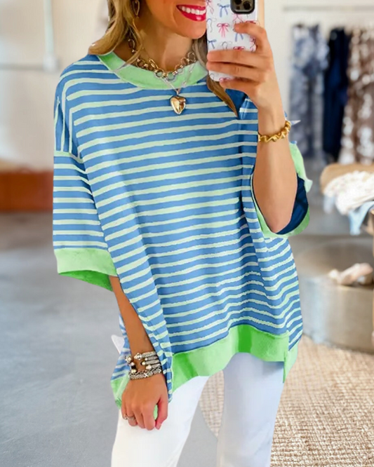 Hit Color Striped Oversized Seamed Detail Blouse