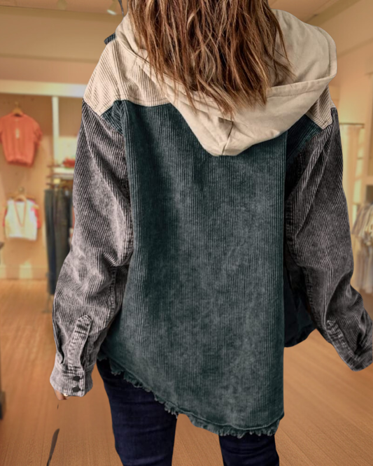 Corduroy  Hooded Color Block Shackets