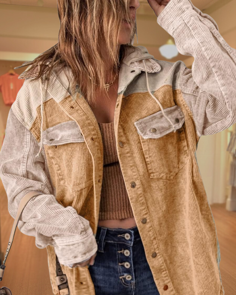 Corduroy  Hooded Color Block Shackets