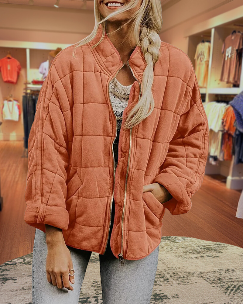 Quilted Knit Stand Collar Zip Up Coats