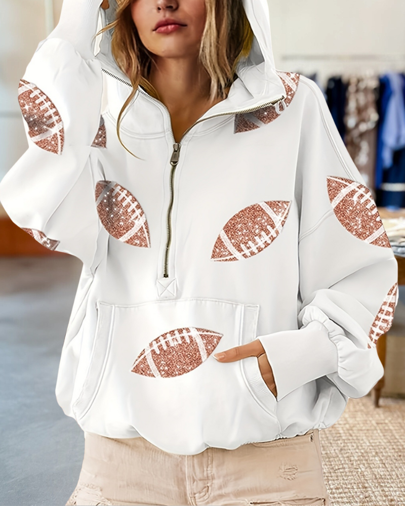 Sequined Footballs Half Zip Up Hoodie