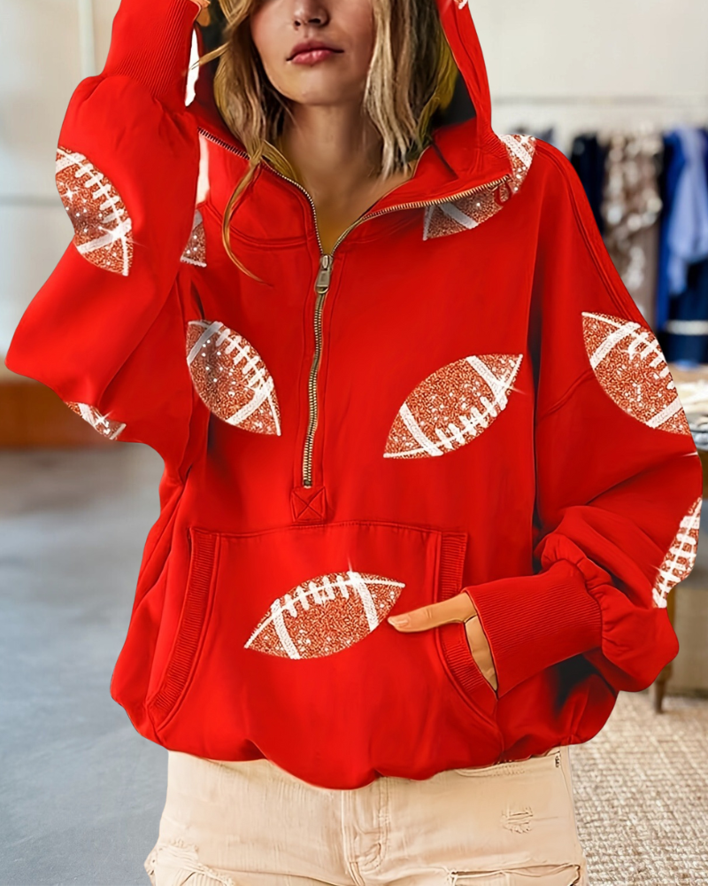 Sequined Footballs Half Zip Up Hoodie