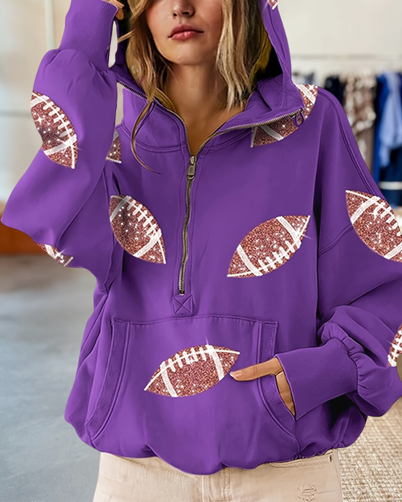 Sequined Footballs Half Zip Up Hoodie